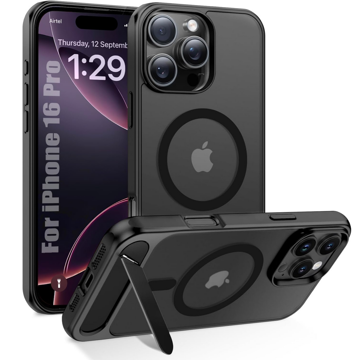 Enflamo Matte Back Cover Case Compatible with Stand Magnatic for iPhone 16 Pro | Ultra Hybrid Camera Bump Protection (Black) - Enflamo
