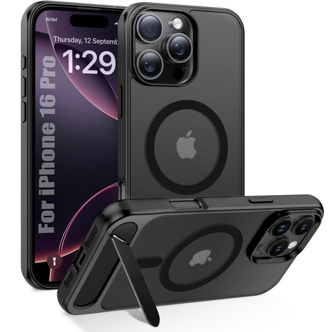 Enflamo Matte Back Cover Case Compatible with Stand Magnatic for iPhone 16 Pro | Ultra Hybrid Camera Bump Protection (Black) - Enflamo Enflamo Matte Back Cover Case Compatible with Stand Magnatic for iPhone 16 Pro | Ultra Hybrid Camera Bump Protection (Black) - Enflamo