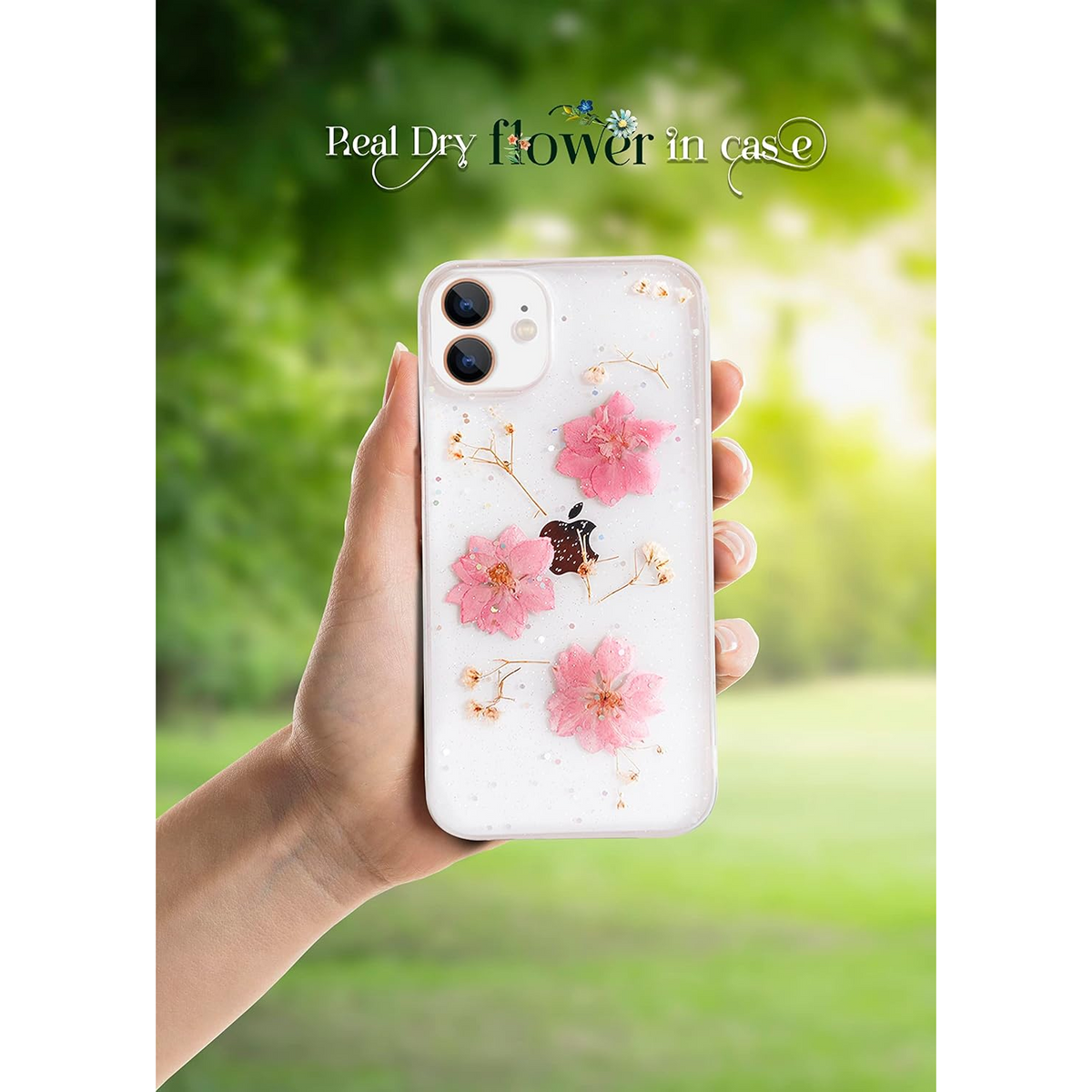 Enflamo Soft Clear Flexible Silicone Pressed Dry Real Flowers Case Glitter Floral Back Cover for iPhone 12 | iPhone 12 Pro (Multicolor) - Enflamo