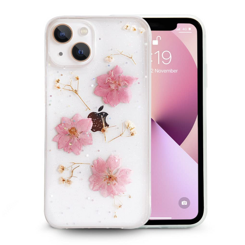 Enflamo Soft Clear Silicone Case Glitter Floral Back Cover for iPhone 14 / iPhone 13 | with Pressed Dry Real Flowers (Pink) - Enflamo Enflamo Soft Clear Silicone Case Glitter Floral Back Cover for iPhone 14 / iPhone 13 | with Pressed Dry Real Flowers (Pink) - Enflamo