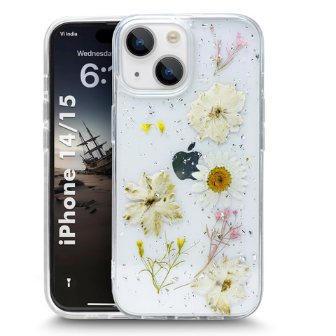 Enflamo Soft Clear Silicone Case Glitter Floral Back Cover for iPhone 15 / iPhone 14 | with Pressed Dry Real Flowers (White) - Enflamo Enflamo Soft Clear Silicone Case Glitter Floral Back Cover for iPhone 15 / iPhone 14 | with Pressed Dry Real Flowers (White) - Enflamo