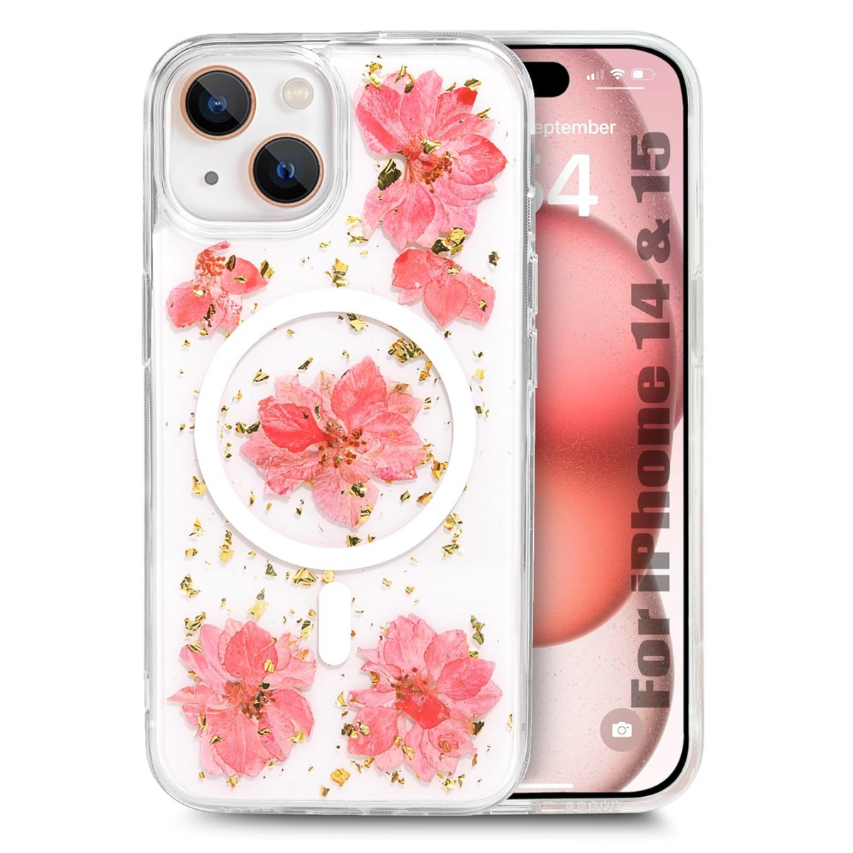 Enflamo Clear Silicone Compatible with Magsafe Case Glitter Floral Back Cover for iPhone 15 / iPhone 14 | with Pressed Dry Real Flowers (Pink) - Enflamo