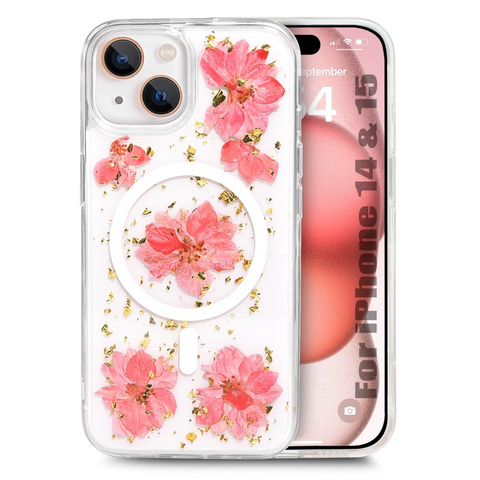 Enflamo Clear Silicone Compatible with Magsafe Case Glitter Floral Back Cover for iPhone 15 / iPhone 14 | with Pressed Dry Real Flowers (Pink) - Enflamo Enflamo Clear Silicone Compatible with Magsafe Case Glitter Floral Back Cover for iPhone 15 / iPhone 14 | with Pressed Dry Real Flowers (Pink) - Enflamo