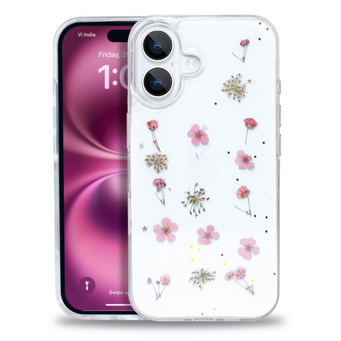 Enflamo Clear Silicone Magnatic Case Glitter Floral Back Cover for iPhone 16 Plus | with Pressed Dry Real Flowers (Pink) - Enflamo Enflamo Clear Silicone Magnatic Case Glitter Floral Back Cover for iPhone 16 Plus | with Pressed Dry Real Flowers (Pink) - Enflamo