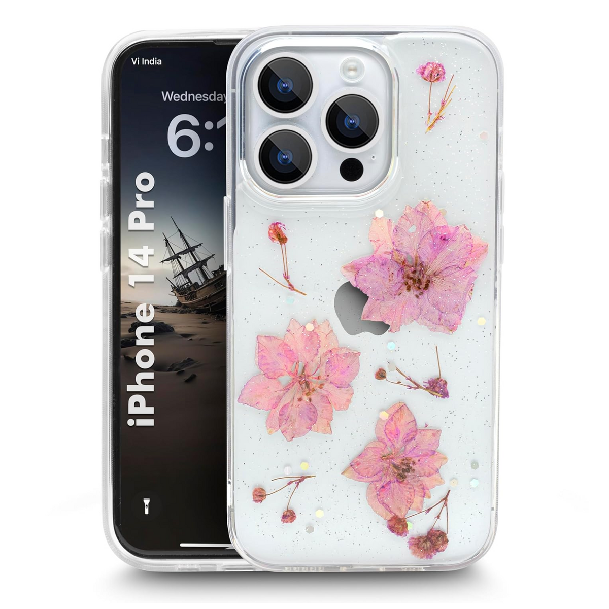 Enflamo Clear Silicone Case Back Cover for iPhone 14 Pro | Floral with Pressed Dry Real Flowers (Purple) - Enflamo