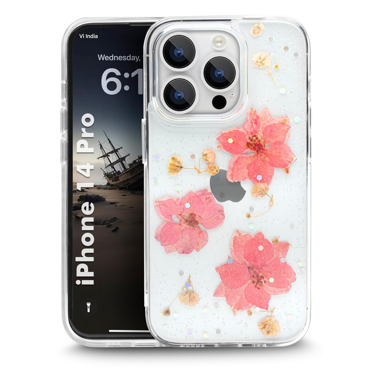 Enflamo Clear Silicone Case Back Cover for iPhone 14 Pro | Floral with Pressed Dry Real Flowers (Pink) - Enflamo