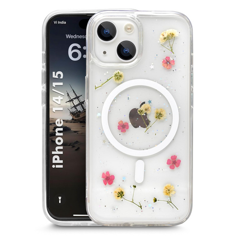 Enflamo Clear Silicone Compatible with Magsafe Case Glitter Floral Back Cover for iPhone 15 / iPhone 14 | with Pressed Dry Real Flowers (MultiColor) - Enflamo Enflamo Clear Silicone Compatible with Magsafe Case Glitter Floral Back Cover for iPhone 15 / iPhone 14 | with Pressed Dry Real Flowers (MultiColor) - Enflamo