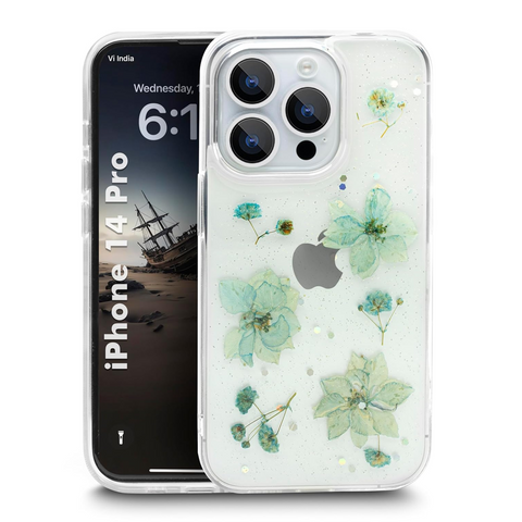 Enflamo Clear Silicone Case Back Cover for iPhone 14 Pro | Floral with Pressed Dry Real Flowers (Blue) - Enflamo Enflamo Clear Silicone Case Back Cover for iPhone 14 Pro | Floral with Pressed Dry Real Flowers (Blue) - Enflamo