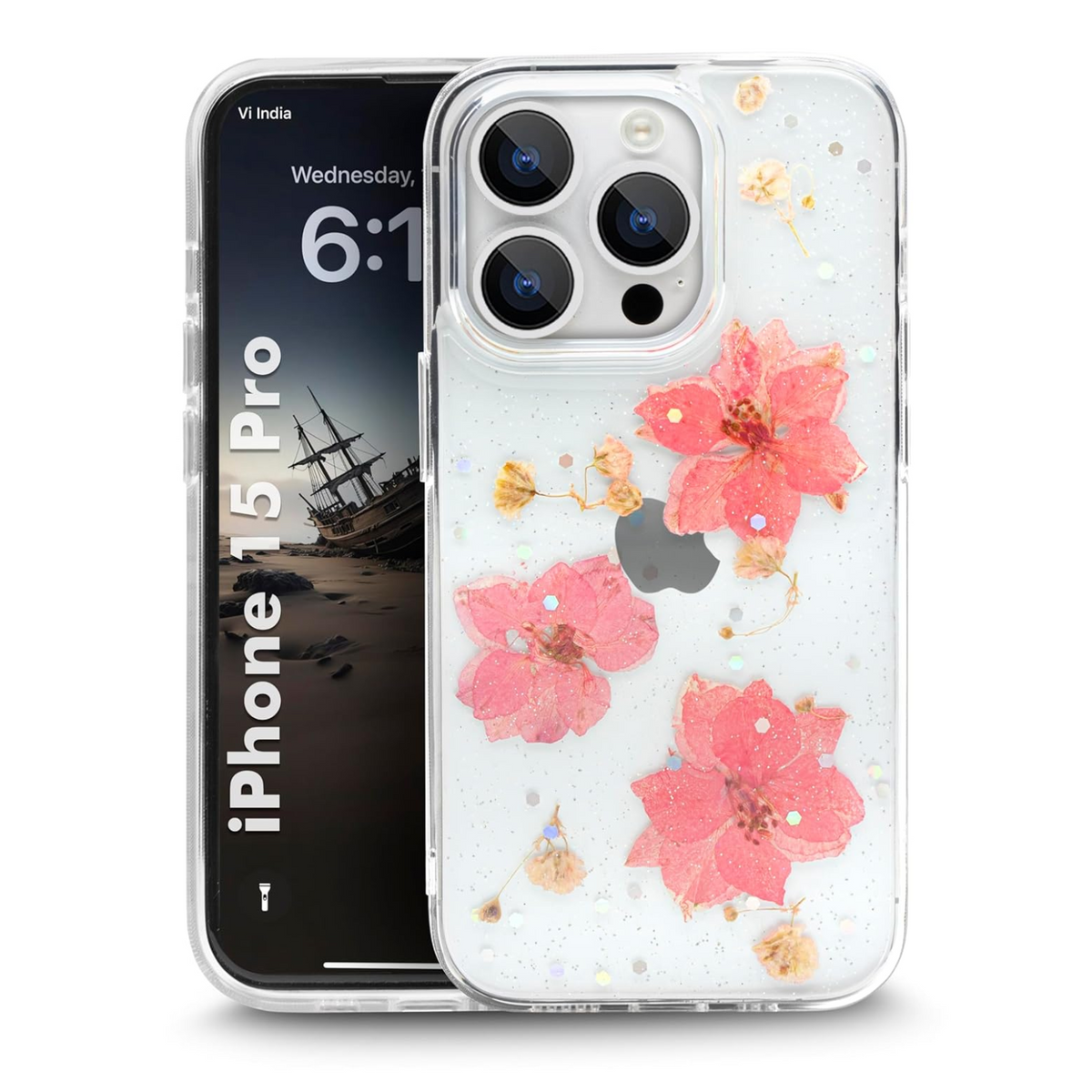 Enflamo Clear Silicone Case Back Cover for iPhone 15 Pro | Floral with Pressed Dry Real Flowers (Pink) - Enflamo