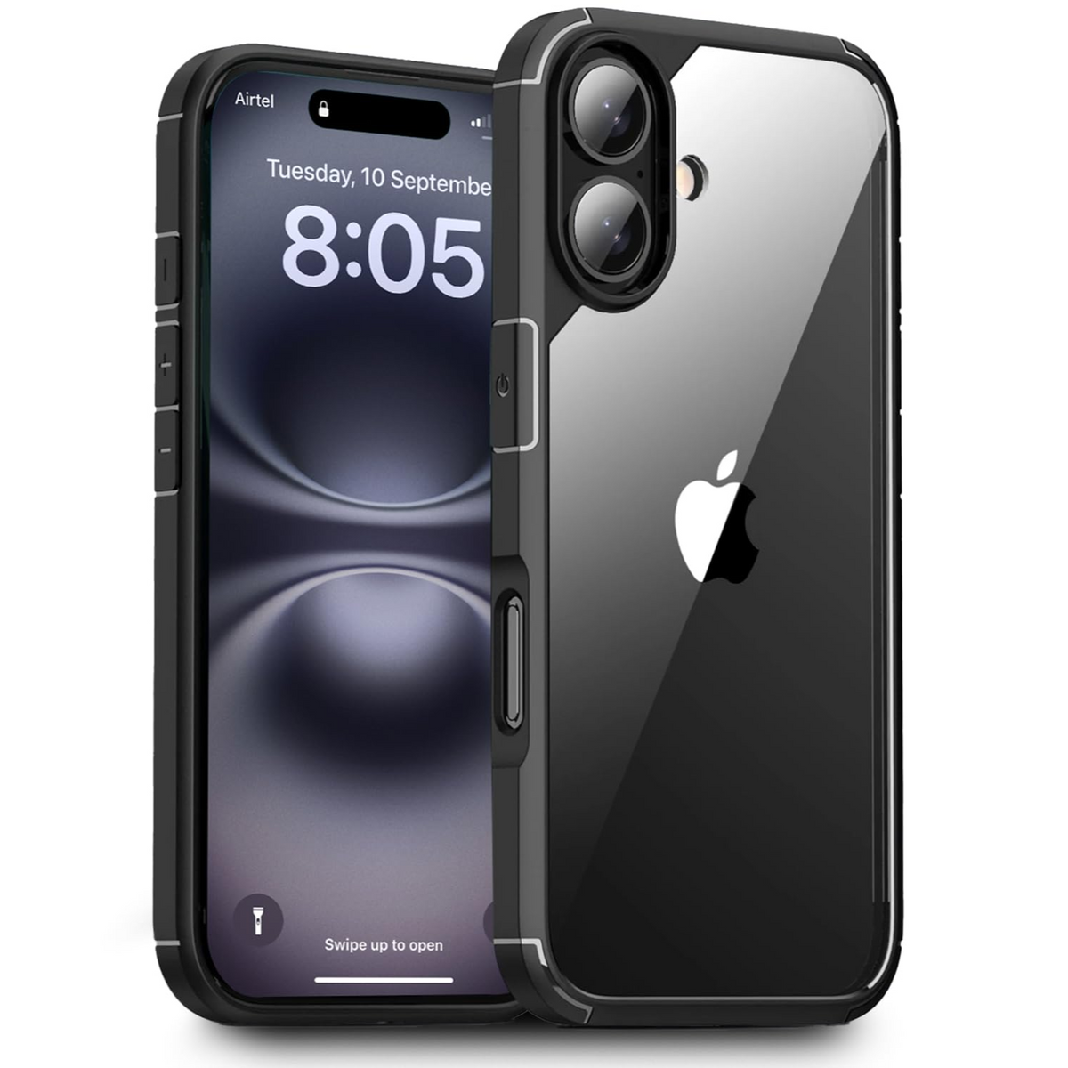 Enflamo Transparent Back Cover Shockproof Case Compatible for iPhone 16 | Ultra Hybrid Camera Bump Safe Protection (Black) - Enflamo