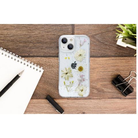 Enflamo Soft Clear Silicone Case Glitter Floral Back Cover for iPhone 15 / iPhone 14 | with Pressed Dry Real Flowers (White) - Enflamo Enflamo Soft Clear Silicone Case Glitter Floral Back Cover for iPhone 15 / iPhone 14 | with Pressed Dry Real Flowers (White) - Enflamo