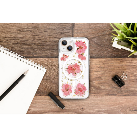 Enflamo Clear Silicone Compatible with Magsafe Case Glitter Floral Back Cover for iPhone 15 / iPhone 14 | with Pressed Dry Real Flowers (Pink) - Enflamo Enflamo Clear Silicone Compatible with Magsafe Case Glitter Floral Back Cover for iPhone 15 / iPhone 14 | with Pressed Dry Real Flowers (Pink) - Enflamo