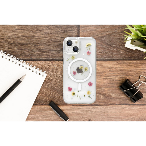 Enflamo Clear Silicone Compatible with Magsafe Case Glitter Floral Back Cover for iPhone 15 / iPhone 14 | with Pressed Dry Real Flowers (MultiColor) - Enflamo Enflamo Clear Silicone Compatible with Magsafe Case Glitter Floral Back Cover for iPhone 15 / iPhone 14 | with Pressed Dry Real Flowers (MultiColor) - Enflamo