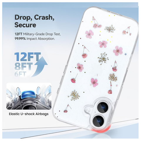 Enflamo Clear Silicone Magnatic Case Glitter Floral Back Cover for iPhone 16 Plus | with Pressed Dry Real Flowers (Pink) - Enflamo Enflamo Clear Silicone Magnatic Case Glitter Floral Back Cover for iPhone 16 Plus | with Pressed Dry Real Flowers (Pink) - Enflamo
