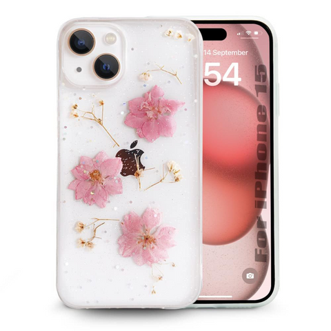 Enflamo Soft Clear Silicone Case Glitter Floral Back Cover for iPhone 15 / iPhone 14 | with Pressed Dry Real Flowers (Pink) - Enflamo Enflamo Soft Clear Silicone Case Glitter Floral Back Cover for iPhone 15 / iPhone 14 | with Pressed Dry Real Flowers (Pink) - Enflamo