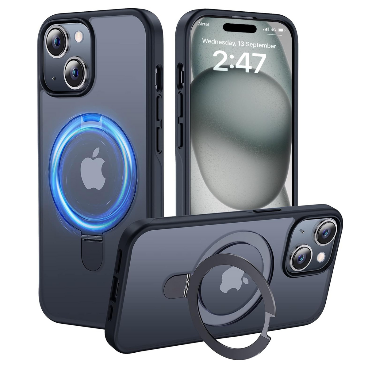 Enflamo Polycarbonate Matte Back Cover Case Compatible With Stand Magnatic Designed For iPhone 15  & 14|Ultra Hybrid Camera Bump Protection (Black) - Enflamo