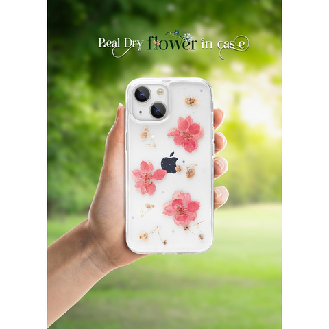 Enflamo Soft Clear Silicone Case Glitter Floral Back Cover for iPhone 14 / iPhone 13 | with Pressed Dry Real Flowers (Pink) - Enflamo Enflamo Soft Clear Silicone Case Glitter Floral Back Cover for iPhone 14 / iPhone 13 | with Pressed Dry Real Flowers (Pink) - Enflamo