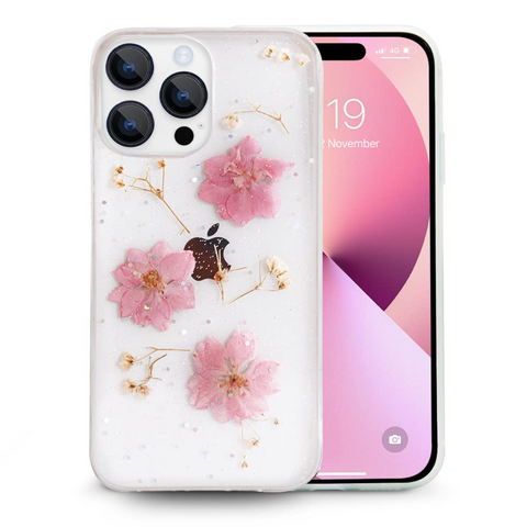 Enflamo Clear Silicone Case Back Cover for iPhone 14 Pro | Floral with Pressed Dry Real Flowers (Pink) - Enflamo Enflamo Clear Silicone Case Back Cover for iPhone 14 Pro | Floral with Pressed Dry Real Flowers (Pink) - Enflamo