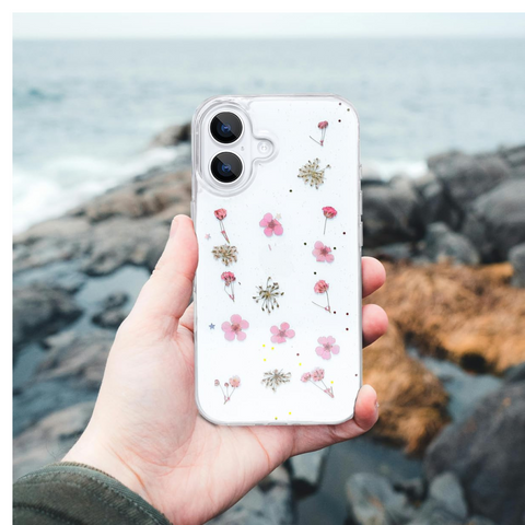 Enflamo Clear Silicone Magnatic Case Glitter Floral Back Cover for iPhone 16 Plus | with Pressed Dry Real Flowers (Pink) - Enflamo Enflamo Clear Silicone Magnatic Case Glitter Floral Back Cover for iPhone 16 Plus | with Pressed Dry Real Flowers (Pink) - Enflamo