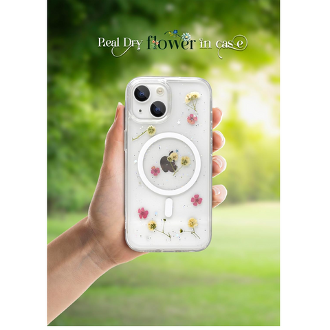 Enflamo Clear Silicone Compatible with Magsafe Case Glitter Floral Back Cover for iPhone 15 / iPhone 14 | with Pressed Dry Real Flowers (MultiColor) - Enflamo Enflamo Clear Silicone Compatible with Magsafe Case Glitter Floral Back Cover for iPhone 15 / iPhone 14 | with Pressed Dry Real Flowers (MultiColor) - Enflamo