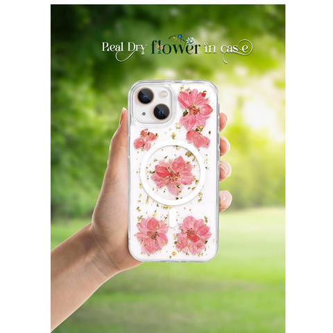 Enflamo Clear Silicone Compatible with Magsafe Case Glitter Floral Back Cover for iPhone 15 / iPhone 14 | with Pressed Dry Real Flowers (Pink) - Enflamo Enflamo Clear Silicone Compatible with Magsafe Case Glitter Floral Back Cover for iPhone 15 / iPhone 14 | with Pressed Dry Real Flowers (Pink) - Enflamo