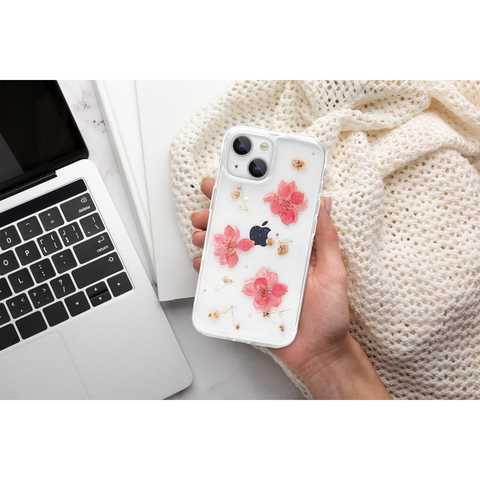 Enflamo Soft Clear Silicone Case Glitter Floral Back Cover for iPhone 14 / iPhone 13 | with Pressed Dry Real Flowers (Pink) - Enflamo Enflamo Soft Clear Silicone Case Glitter Floral Back Cover for iPhone 14 / iPhone 13 | with Pressed Dry Real Flowers (Pink) - Enflamo