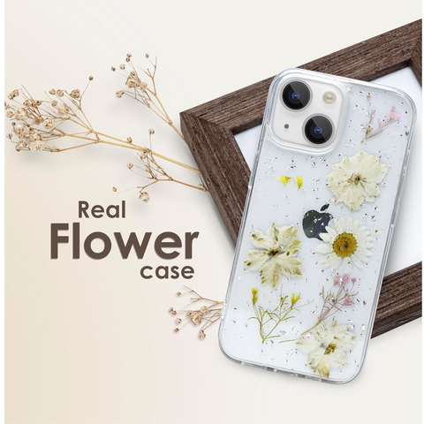 Enflamo Soft Clear Silicone Case Glitter Floral Back Cover for iPhone 15 / iPhone 14 | with Pressed Dry Real Flowers (White) - Enflamo Enflamo Soft Clear Silicone Case Glitter Floral Back Cover for iPhone 15 / iPhone 14 | with Pressed Dry Real Flowers (White) - Enflamo
