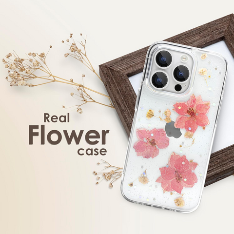 Enflamo Clear Silicone Case Back Cover for iPhone 15 Pro | Floral with Pressed Dry Real Flowers (Pink) - Enflamo Enflamo Clear Silicone Case Back Cover for iPhone 15 Pro | Floral with Pressed Dry Real Flowers (Pink) - Enflamo
