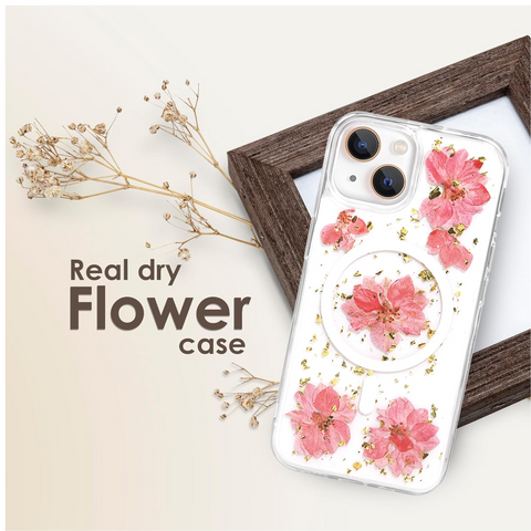 Enflamo Clear Silicone Compatible with Magsafe Case Glitter Floral Back Cover for iPhone 15 / iPhone 14 | with Pressed Dry Real Flowers (Pink) - Enflamo Enflamo Clear Silicone Compatible with Magsafe Case Glitter Floral Back Cover for iPhone 15 / iPhone 14 | with Pressed Dry Real Flowers (Pink) - Enflamo