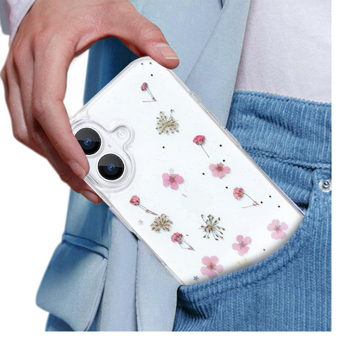 Enflamo Clear Silicone Magnatic Case Glitter Floral Back Cover for iPhone 16 Plus | with Pressed Dry Real Flowers (Pink) - Enflamo Enflamo Clear Silicone Magnatic Case Glitter Floral Back Cover for iPhone 16 Plus | with Pressed Dry Real Flowers (Pink) - Enflamo