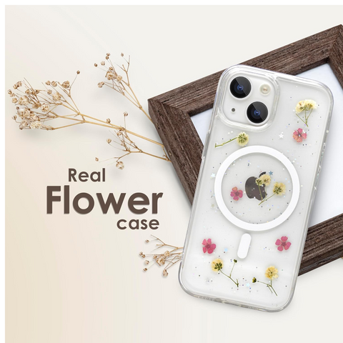 Enflamo Clear Silicone Compatible with Magsafe Case Glitter Floral Back Cover for iPhone 15 / iPhone 14 | with Pressed Dry Real Flowers (MultiColor) - Enflamo Enflamo Clear Silicone Compatible with Magsafe Case Glitter Floral Back Cover for iPhone 15 / iPhone 14 | with Pressed Dry Real Flowers (MultiColor) - Enflamo