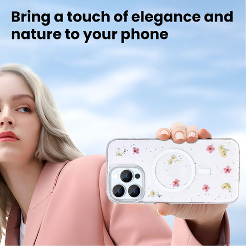Enflamo Clear Silicone Magnatic Case Glitter Floral Back Cover for iPhone 16 Pro | with Pressed Dry Real Flowers (Pink) - Enflamo Enflamo Clear Silicone Magnatic Case Glitter Floral Back Cover for iPhone 16 Pro | with Pressed Dry Real Flowers (Pink) - Enflamo