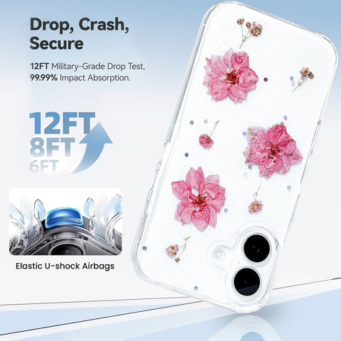 Enflamo iPhone 16 Case for Girls Soft Clear Silicone Glitter Floral Back Cover with Pressed Dry Real Flowers (Pink) - Enflamo Enflamo iPhone 16 Case for Girls Soft Clear Silicone Glitter Floral Back Cover with Pressed Dry Real Flowers (Pink) - Enflamo