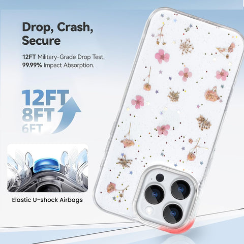 Enflamo Clear Silicone Case Glitter Little Floral Back Cover for iPhone 16 Pro | with Pressed Dry Real Flowers (Pink) - Enflamo Enflamo Clear Silicone Case Glitter Little Floral Back Cover for iPhone 16 Pro | with Pressed Dry Real Flowers (Pink) - Enflamo