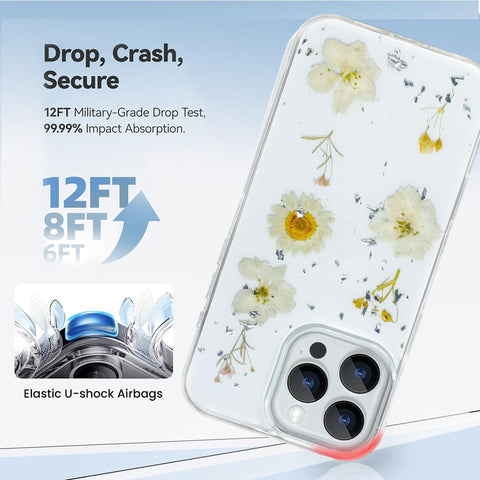 Enflamo Clear Silicone Case Glitter Floral Back Cover for iPhone 16 Pro | with Pressed Dry Real Flowers (White) - Enflamo Enflamo Clear Silicone Case Glitter Floral Back Cover for iPhone 16 Pro | with Pressed Dry Real Flowers (White) - Enflamo