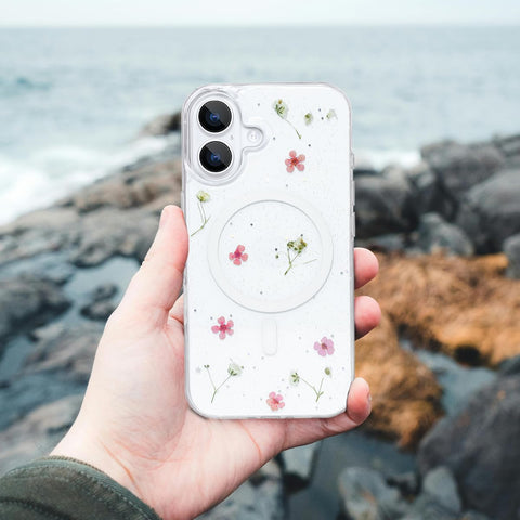 Enflamo Clear Silicone Magnatic Case Glitter Floral Back Cover for iPhone 16 | with Pressed Dry Real Flowers (Pink) - Enflamo Enflamo Clear Silicone Magnatic Case Glitter Floral Back Cover for iPhone 16 | with Pressed Dry Real Flowers (Pink) - Enflamo