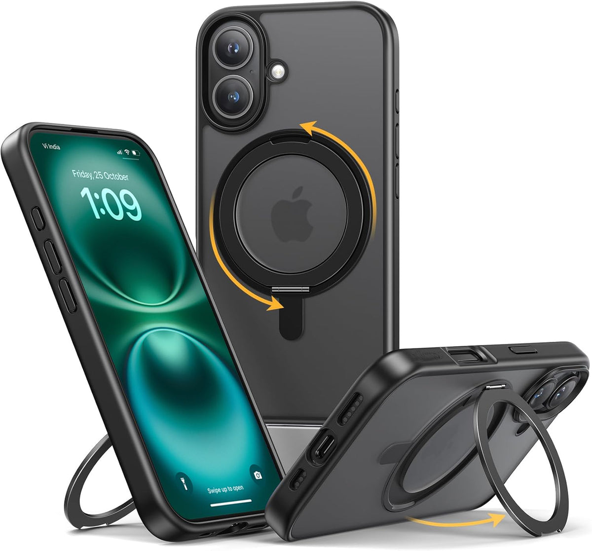 Enflamo for iPhone 16 Case Matte 360° Rotating Stand Case Back Cover Magnetic Designed | Equipped with Ring Magnet, Safe Camera Bump Protection (Black) - Enflamo
