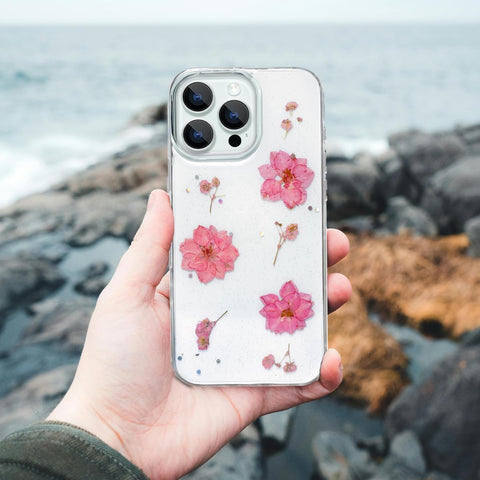 Enflamo Clear Silicone Case Glitter Floral Back Cover for iPhone 16 Pro | with Pressed Dry Real Flowers (Pink) - Enflamo Enflamo Clear Silicone Case Glitter Floral Back Cover for iPhone 16 Pro | with Pressed Dry Real Flowers (Pink) - Enflamo