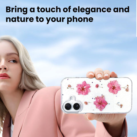 Enflamo Clear Silicone Case Glitter Floral Back Cover for iPhone 16 Plus | with Pressed Dry Real Flowers (Pink) - Enflamo Enflamo Clear Silicone Case Glitter Floral Back Cover for iPhone 16 Plus | with Pressed Dry Real Flowers (Pink) - Enflamo