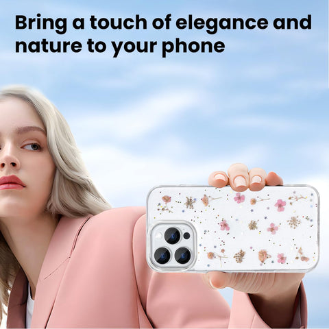 Enflamo Clear Silicone Case Glitter Little Floral Back Cover for iPhone 16 Pro | with Pressed Dry Real Flowers (Pink) - Enflamo Enflamo Clear Silicone Case Glitter Little Floral Back Cover for iPhone 16 Pro | with Pressed Dry Real Flowers (Pink) - Enflamo