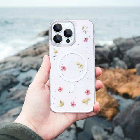 Enflamo Clear Silicone Magnatic Case Glitter Floral Back Cover for iPhone 16 Pro | with Pressed Dry Real Flowers (Pink) - Enflamo Enflamo Clear Silicone Magnatic Case Glitter Floral Back Cover for iPhone 16 Pro | with Pressed Dry Real Flowers (Pink) - Enflamo