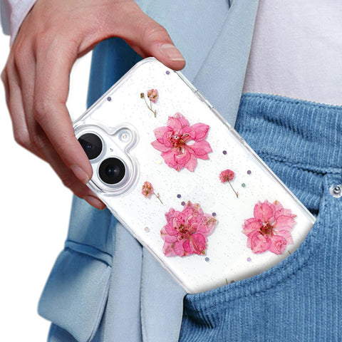 Enflamo iPhone 16 Case for Girls Soft Clear Silicone Glitter Floral Back Cover with Pressed Dry Real Flowers (Pink) - Enflamo Enflamo iPhone 16 Case for Girls Soft Clear Silicone Glitter Floral Back Cover with Pressed Dry Real Flowers (Pink) - Enflamo