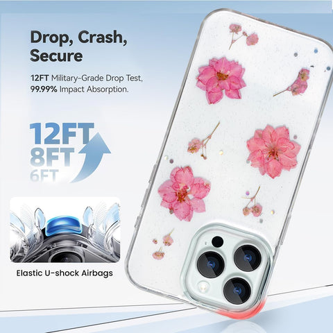 Enflamo Clear Silicone Case Glitter Floral Back Cover for iPhone 16 Pro | with Pressed Dry Real Flowers (Pink) - Enflamo Enflamo Clear Silicone Case Glitter Floral Back Cover for iPhone 16 Pro | with Pressed Dry Real Flowers (Pink) - Enflamo