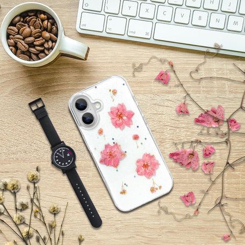 Enflamo Clear Silicone Case Glitter Floral Back Cover for iPhone 16 Plus | with Pressed Dry Real Flowers (Pink) - Enflamo Enflamo Clear Silicone Case Glitter Floral Back Cover for iPhone 16 Plus | with Pressed Dry Real Flowers (Pink) - Enflamo