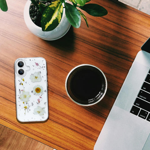 Enflamo Clear Silicone Case Glitter Floral Back Cover for iPhone 16 Plus | with Pressed Dry Real Flowers (White) - Enflamo Enflamo Clear Silicone Case Glitter Floral Back Cover for iPhone 16 Plus | with Pressed Dry Real Flowers (White) - Enflamo