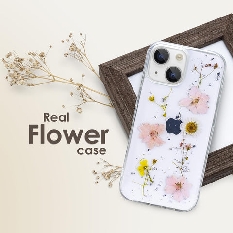 Enflamo Clear Silicone Case Floral Back Cover for iPhone 15 / iPhone 14 | with Pressed Dry Real Flowers (Rose Pink) - Enflamo Enflamo Clear Silicone Case Floral Back Cover for iPhone 15 / iPhone 14 | with Pressed Dry Real Flowers (Rose Pink) - Enflamo