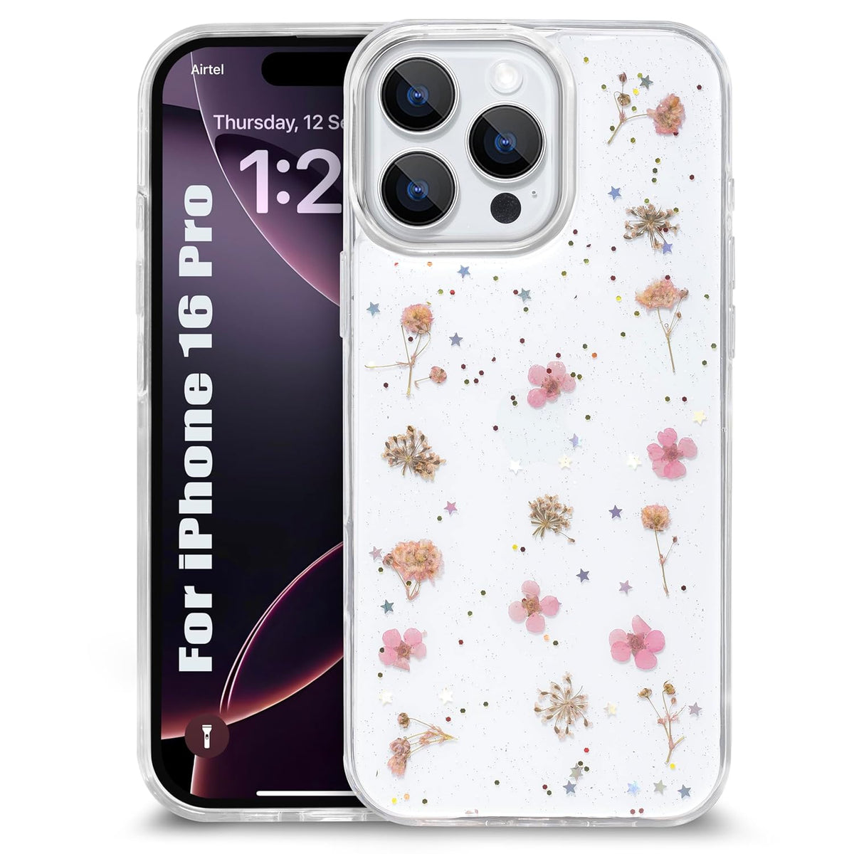 Enflamo Clear Silicone Case Glitter Little Floral Back Cover for iPhone 16 Pro | with Pressed Dry Real Flowers (Pink) - Enflamo