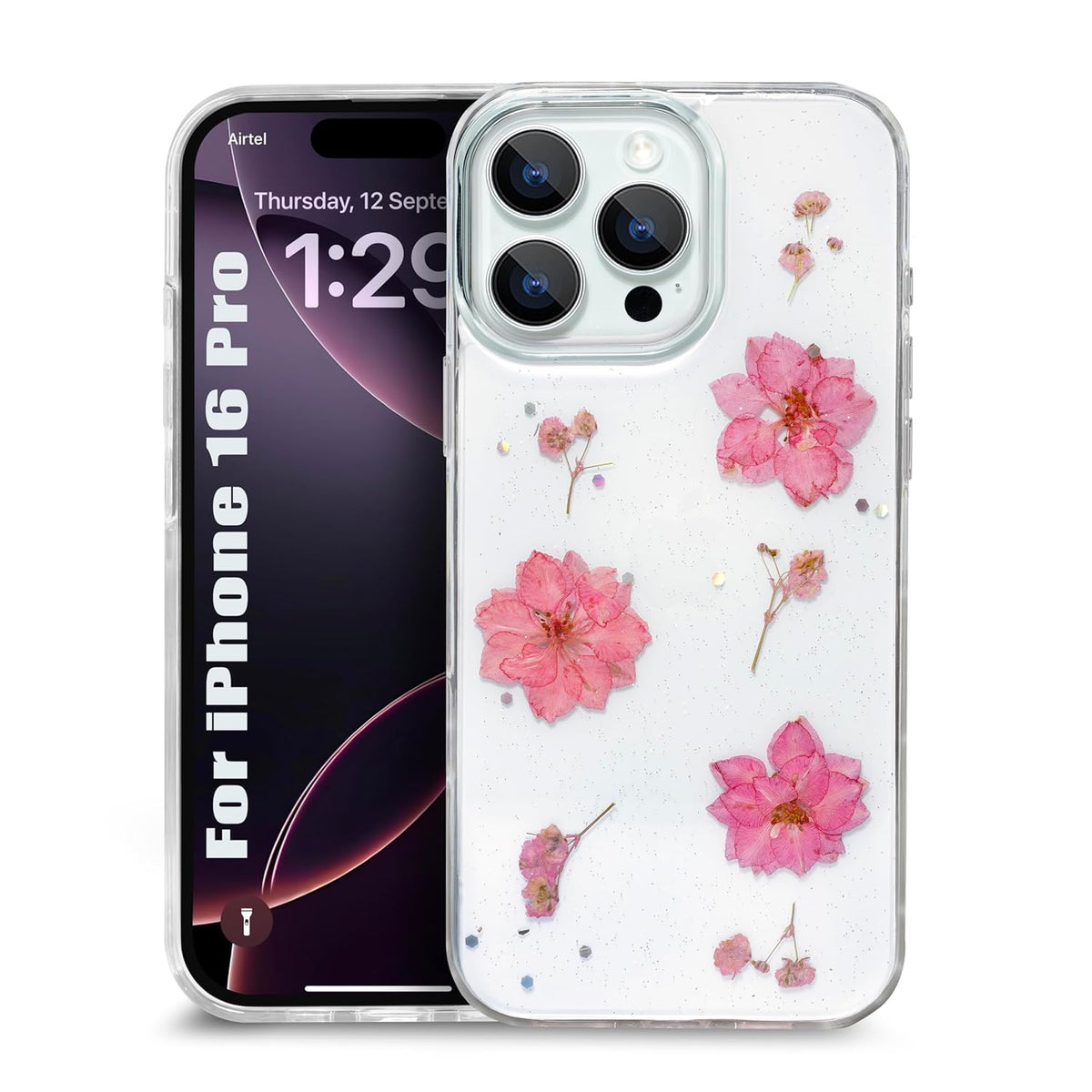 Enflamo Clear Silicone Case Glitter Floral Back Cover for iPhone 16 Pro | with Pressed Dry Real Flowers (Pink) - Enflamo