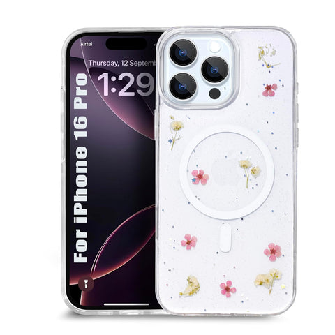 Enflamo Clear Silicone Magnatic Case Glitter Floral Back Cover for iPhone 16 Pro | with Pressed Dry Real Flowers (Pink) - Enflamo Enflamo Clear Silicone Magnatic Case Glitter Floral Back Cover for iPhone 16 Pro | with Pressed Dry Real Flowers (Pink) - Enflamo