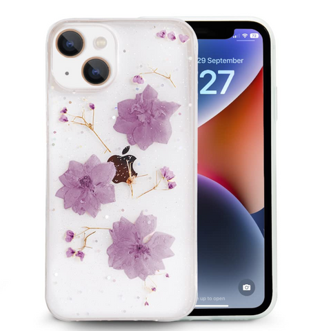 Enflamo Soft Clear Silicone Case Glitter Floral Back Cover for iPhone 14 / iPhone 13 | with Pressed Dry Real Flowers (Pink) - Enflamo Enflamo Soft Clear Silicone Case Glitter Floral Back Cover for iPhone 14 / iPhone 13 | with Pressed Dry Real Flowers (Pink) - Enflamo